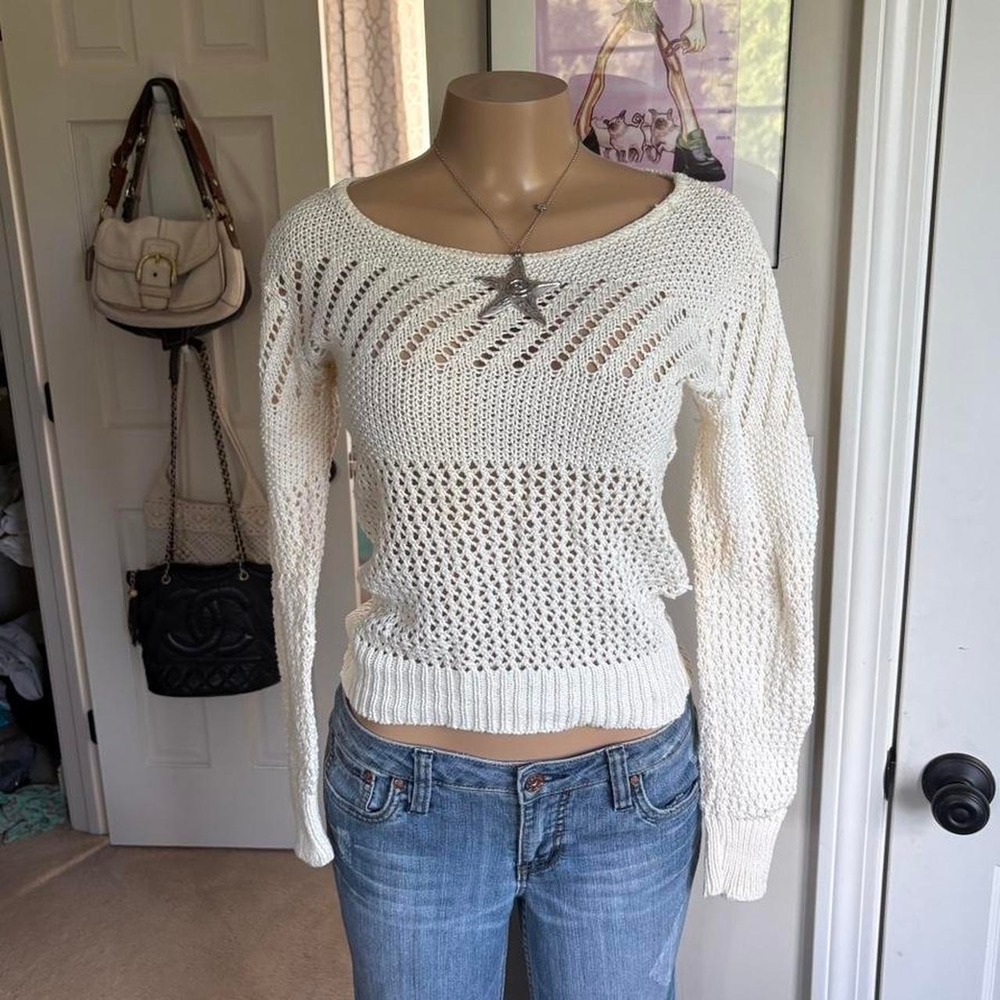 Y2K 2000s White Open Knit crochet Sweater